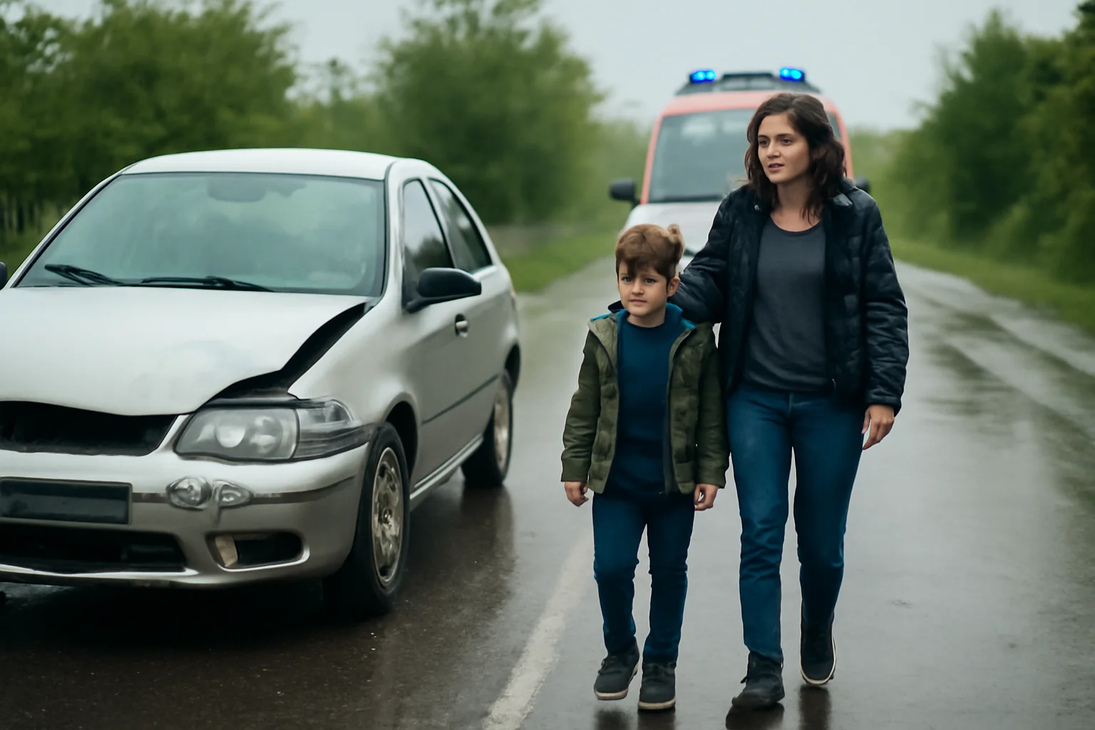 Accident pe șosea umedă: mamă și fiul său la Urgențe
