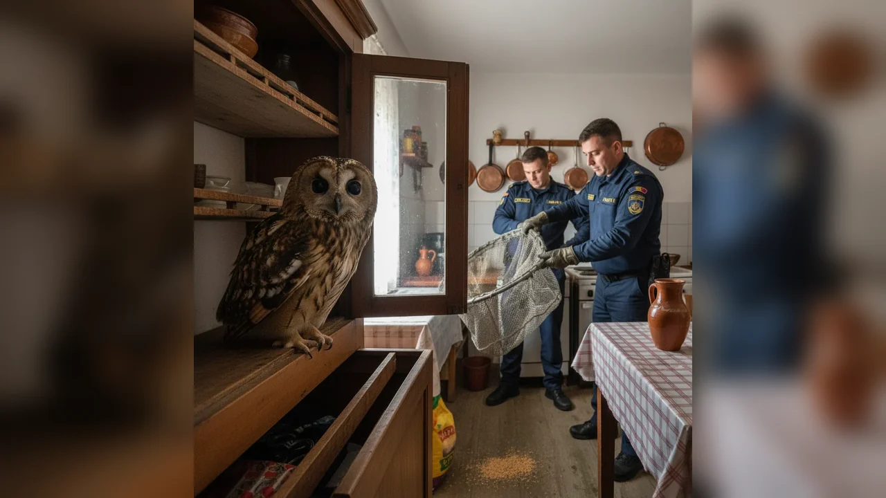 Bufniță găsită într-o bucătărie din Botoșani, preluată de jandarmi și eliberată în natură