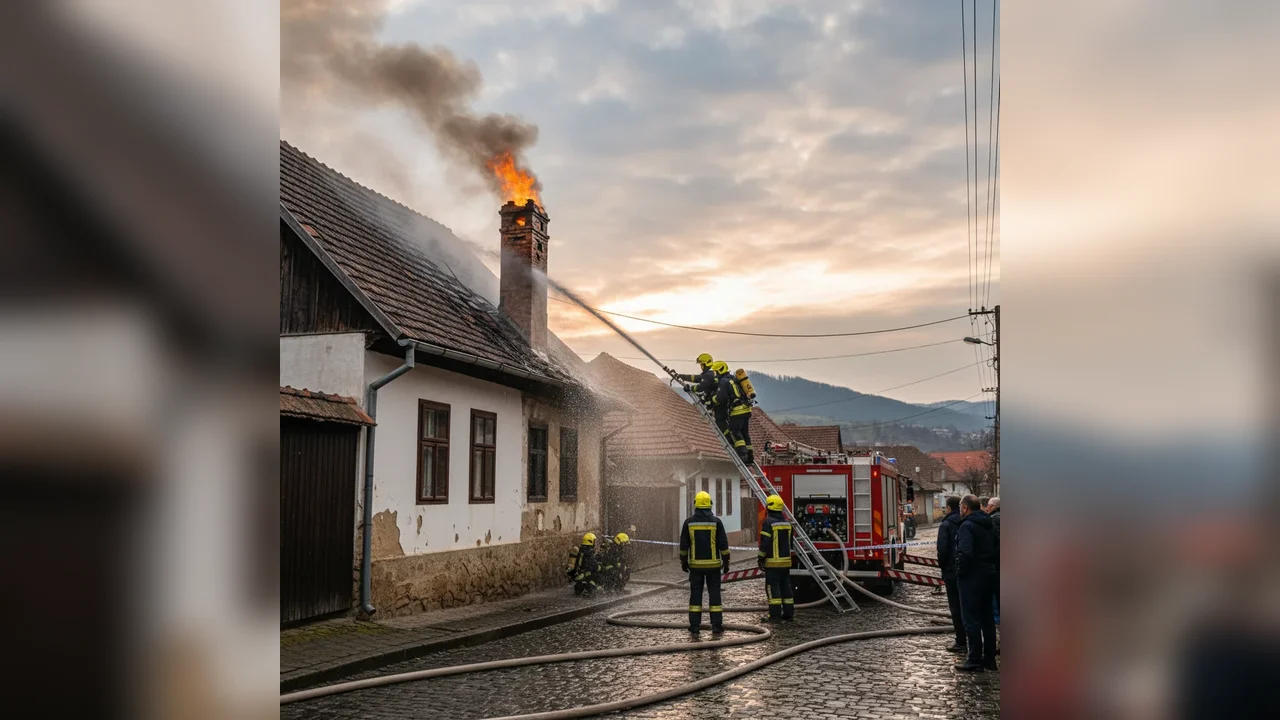 Casă în pericol din cauza coșului de fum, intervenție de urgență a pompierilor