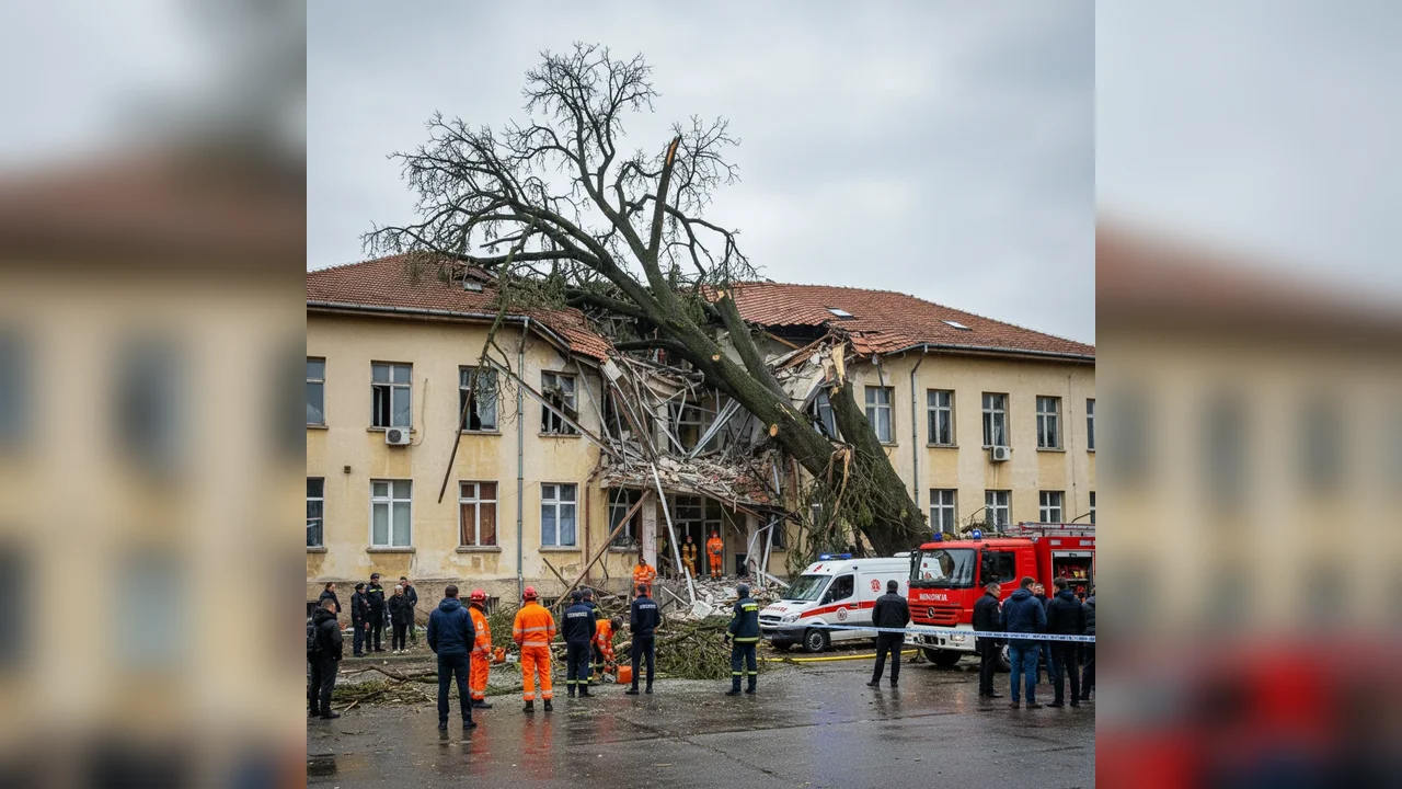 Copac doborât de vânt peste spitalul din Darabani, în județul Botoșani