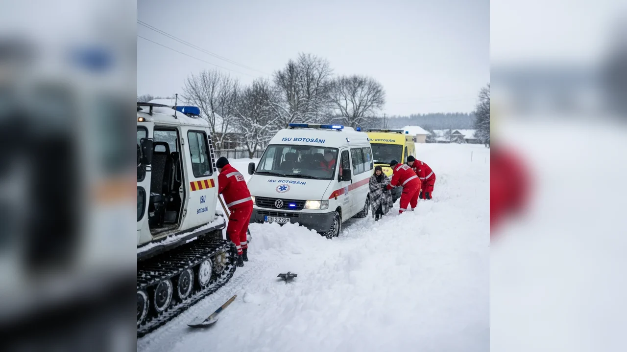 Intervenții în serie ale ISU Botoșani în timpul ninsorilor: microbuze și ambulanță blocate, gravidă salvată în județ