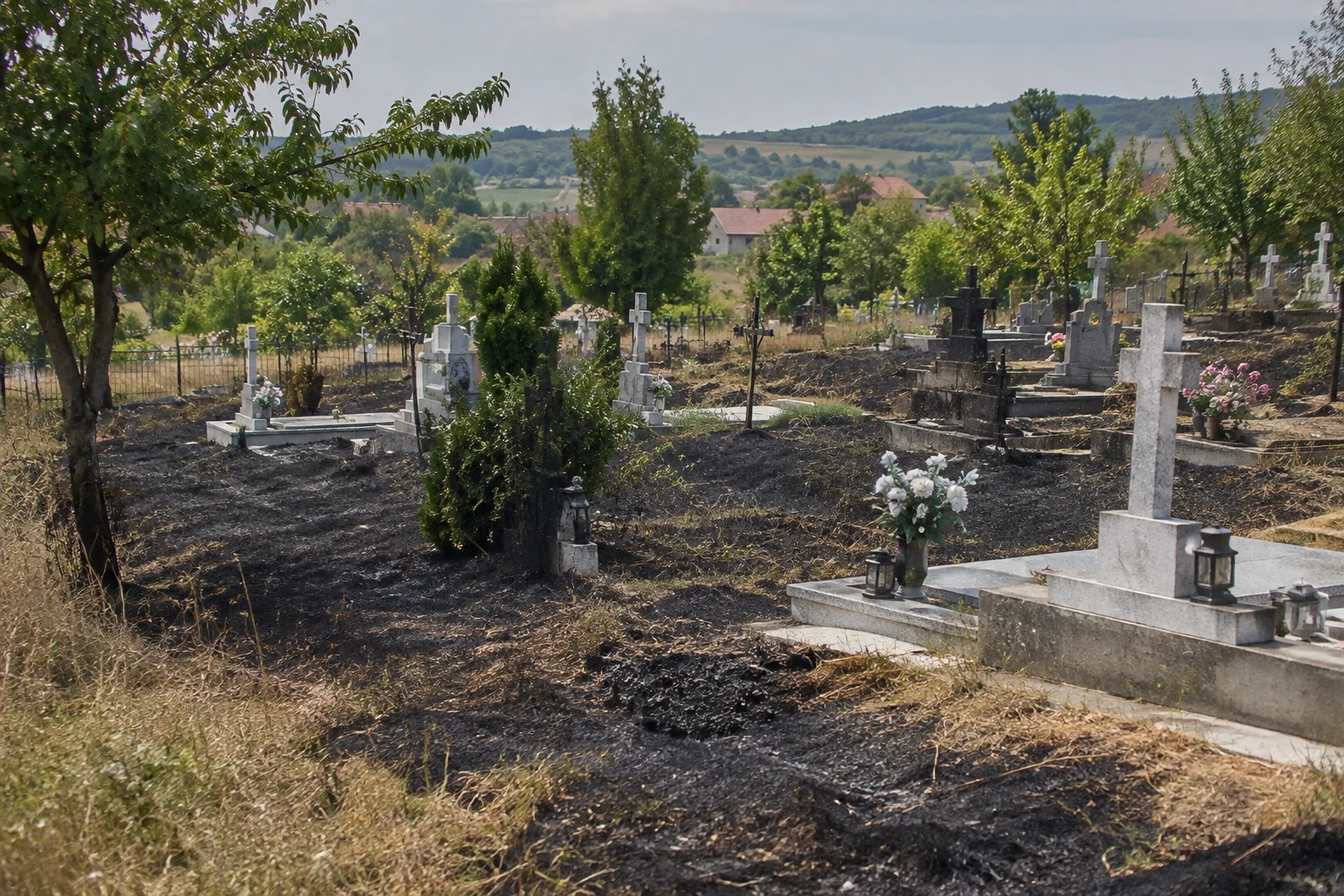 Orășeni Deal: incendiu în cimitir, ~1.000 m² vegetație uscată