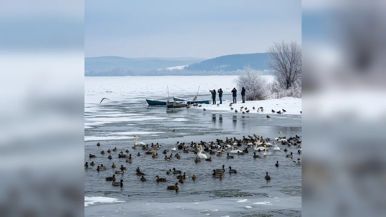 Păsări adunate pe acumulările înghețate Siret și Rogojești–Bucecea, în județul Botoșani